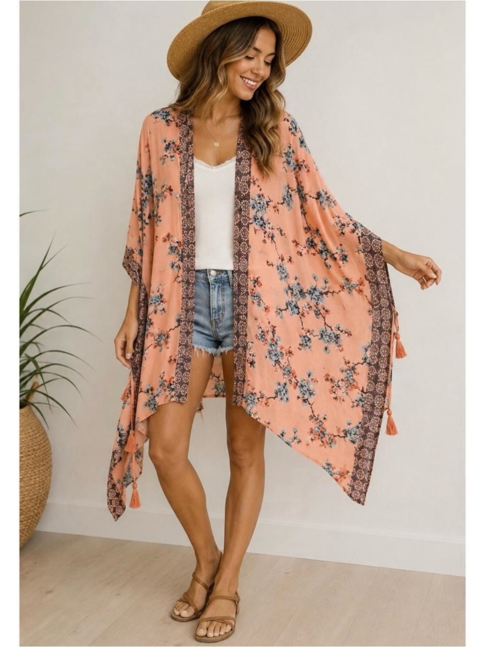 Boho Peach Summer Floral Kimono Cardigan Tassel Ties - Xhilaration XL-XXL - NWOT